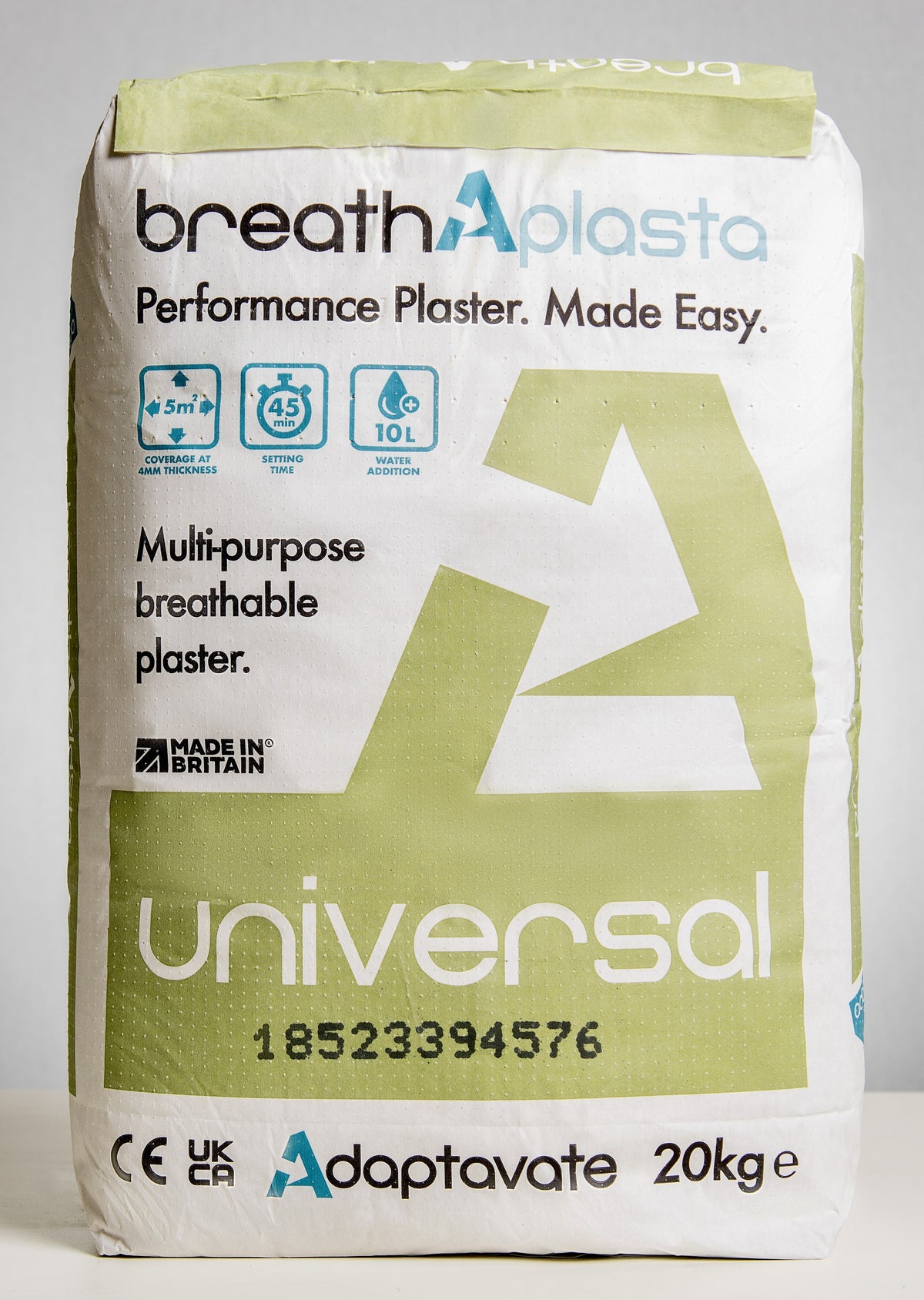 A package of Adaptavate BreathAplasta Universal plaster, primarily lime-based, designed for internalapplications, displayed against a plain background.