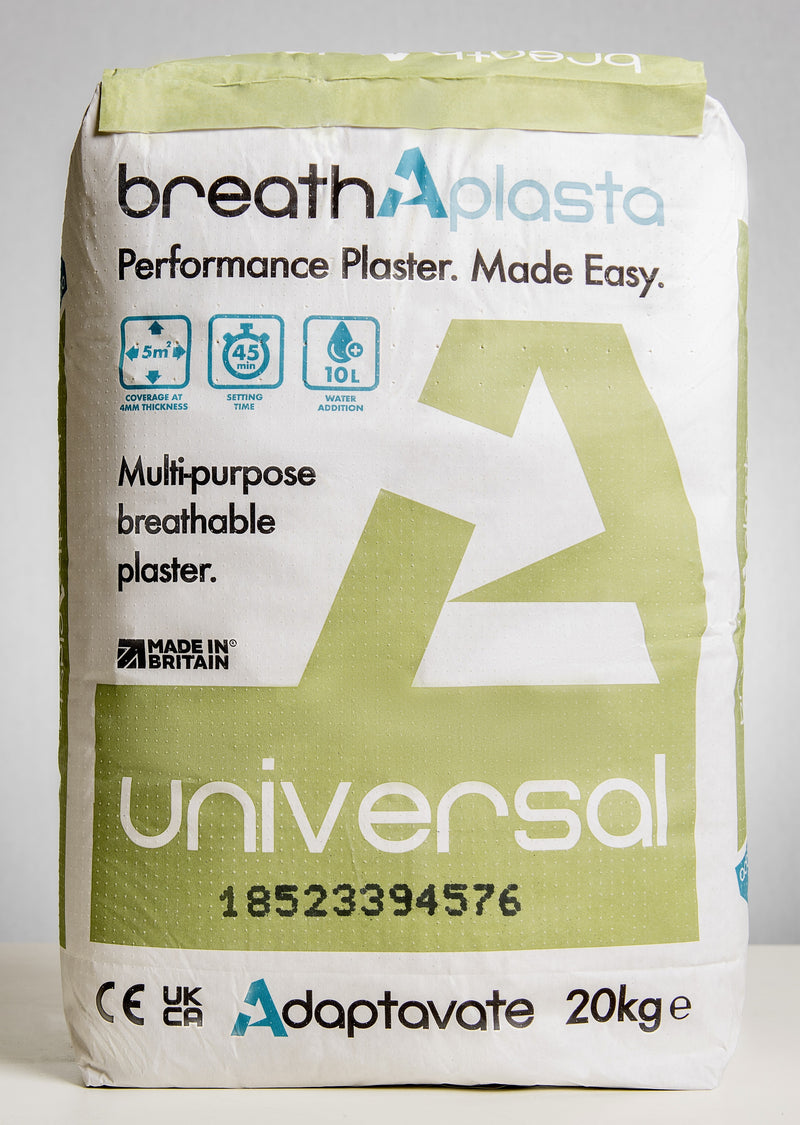 A package of Adaptavate BreathAplasta Universal plaster, primarily lime-based, designed for internalapplications, displayed against a plain background.