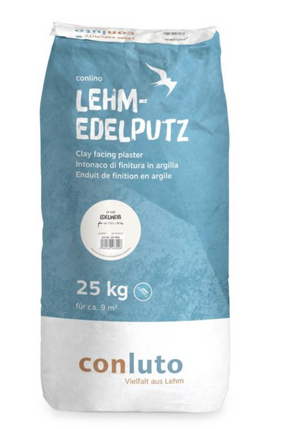 Bag of conluto Lehm-Edelputz clay facing plaster on a white background